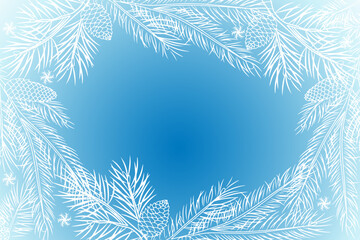 Winter blue vector background with fir branches and snowflakes. Hand drawn drawings of Christmas tree branches and snowflakes. Illustration for poster, wallpaper, banner, greeting card