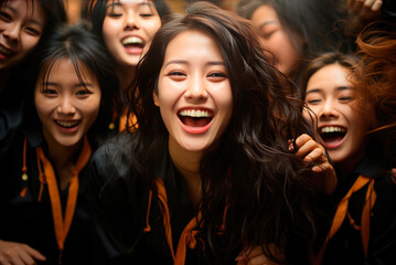 Fototapeta premium Asian schoolgirls with backpacks smile and laugh