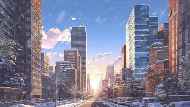 winter scenery. Panorama urban modern city skyline sunrise. modern. in anime or cartoon illustration style