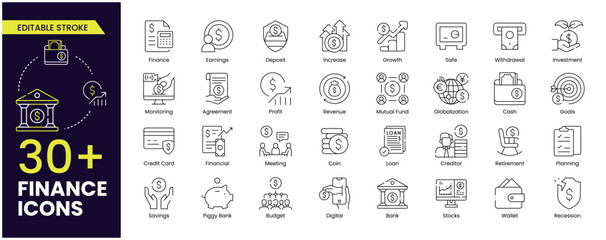 Finance stroke outline icon set. Containing loan, cash, saving, financial goal, profit, budget, mutual fund, earning money and revenue icons. Stroke icons collection. - obrazy, fototapety, plakaty