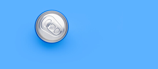 Aluminum can on a blue background. A modern container for drinks. Copy space.