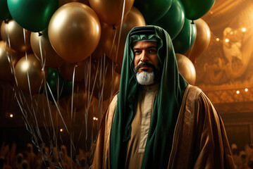Arab man against a background of golden and green helium balloons. Holiday card for the National Day of Saudi Arabia - obrazy, fototapety, plakaty