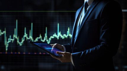 Businessman or trader holding tablet with graphs and charts against black background