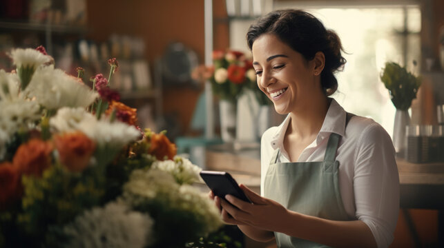 Smiling woman is standing in a flower shop looking at her smartphone, with shelves of plants and flowers in the background.