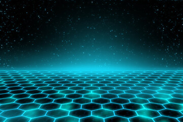 Blue space technology light hexagon field with sky particles abstract background