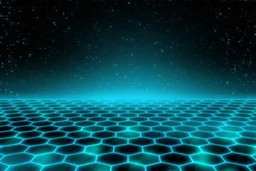Fotobehang Blue space technology light hexagon field with sky particles abstract background © iPood