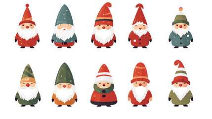 simple vector illustration set, isolated on a white background, Free vector hand drawn flat christmas gnomes collection