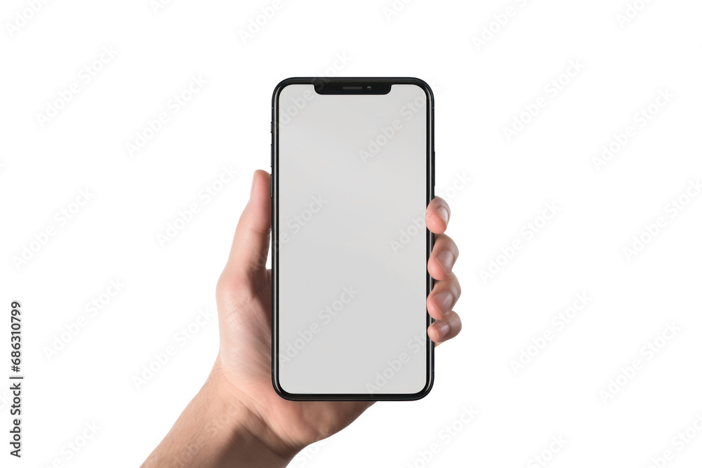 Poster hand holding mockup smartphone and changing screen on transparent background. isolated.