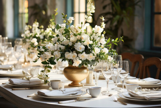 Festive table setting for wedding guests with beautiful white flowers in vases