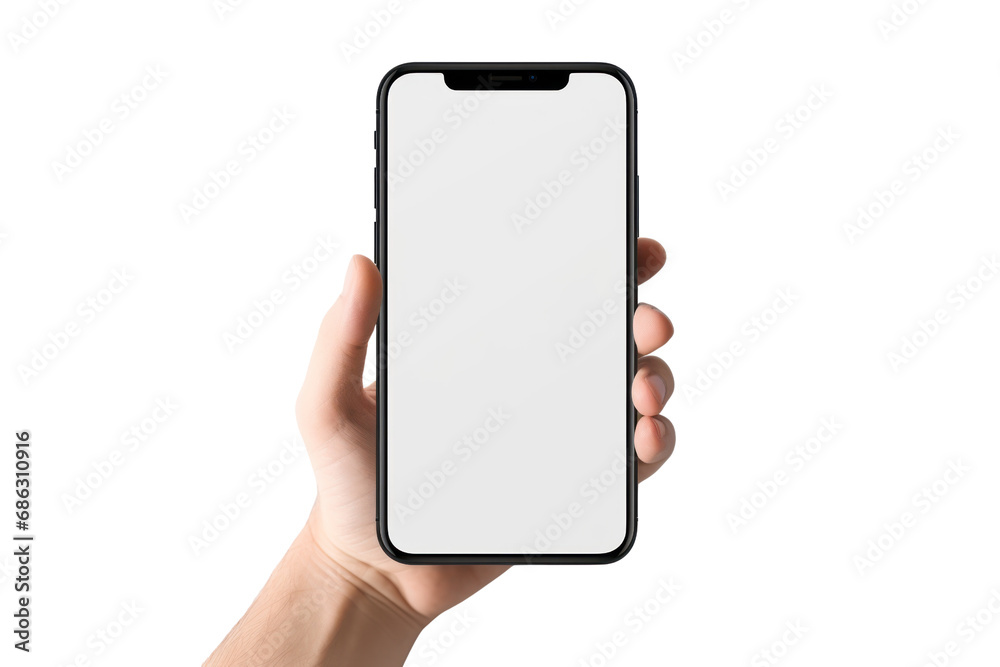 Poster hand holding mockup smartphone and changing screen on transparent background. isolated.