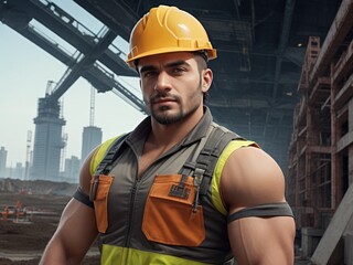 Handsome brutal man engineer on construction background

