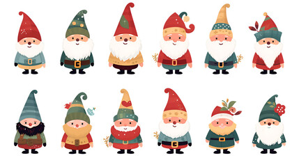 simple vector illustration set, isolated on a white background, Free vector hand drawn flat christmas gnomes collection