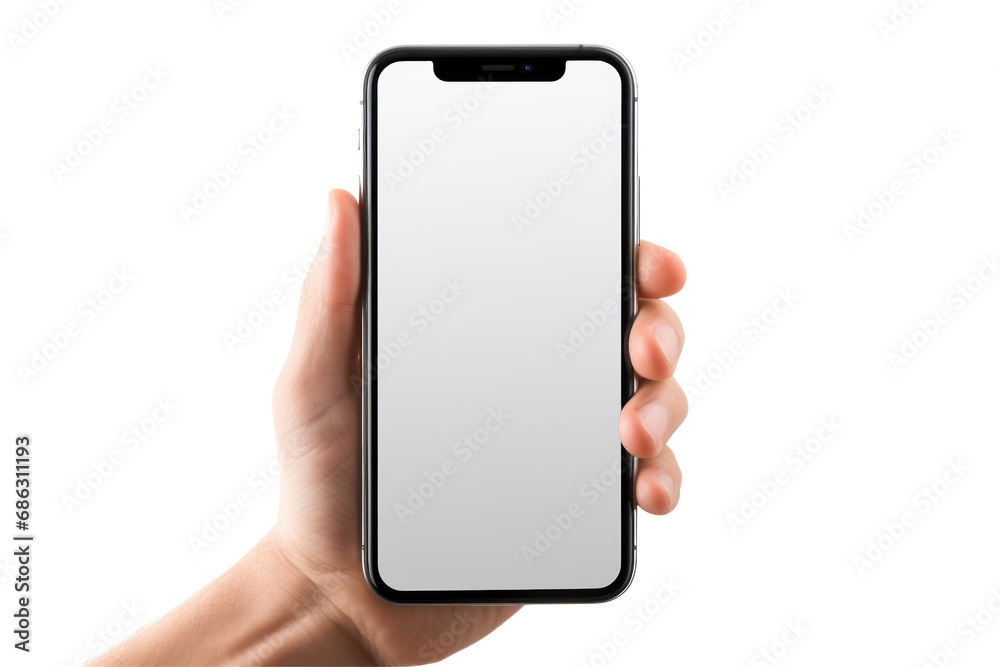 Poster hand holding mockup smartphone and changing screen on transparent background. isolated.