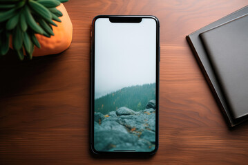 Flat lay mockup of a phone with a screen with a landscape photo on a table with a houseplant and notebooks