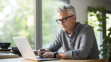 Fototapeta premium Middle aged man working on a laptop in his modern office