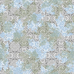 Japanese vintage art deco motifs geometric floral distressed seamless Vector damask illustration with leaves. Decorative botanical background.