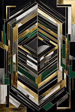 A luxurious geometric abstract art piece with a palette of black, silver, gold, and green. 