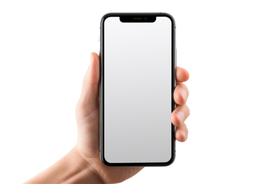 Hand holding mockup smartphone and changing screen on transparent background. Isolated.