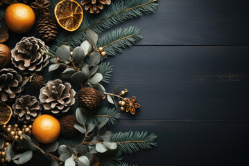Christmas composition of a fir garland with cones and tangerines on a dark wooden background with a copy space
