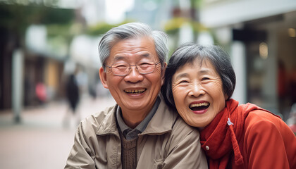 A couple of Asian retirees taking a selfie, the concept of the Chinese New Year - obrazy, fototapety, plakaty