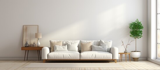 Fototapeta na wymiar Minimalist Scandinavian interior with white sofa representation