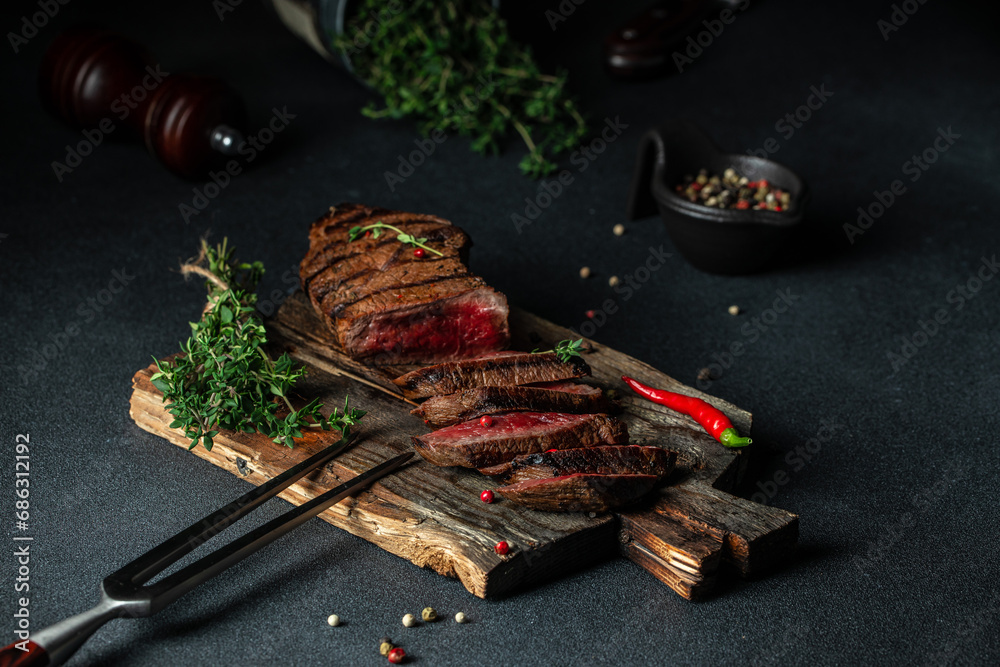 Canvas Prints grilled marbled beef steak. delicious balanced food concept. copy space for text. top view