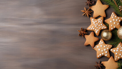 Christmas gingerbread cookies and decorations on wooden background