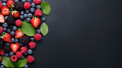 Berries and mint on a dark grey background