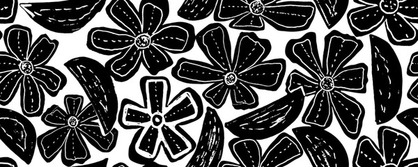 Hand drawn simple black and white abstract floral print. Trendy bright collage pattern. Fashionable template for design.