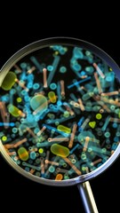 Fototapeta na wymiar Bacteria under magnifying glass. Petri dishes with vibrant colorful bacterial colonies, representation of microbial growth in a laboratory setting. Scientific and clinical research concept. 