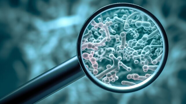 Bacteria under magnifying glass. Petri dishes with vibrant colorful bacterial colonies, representation of microbial growth in a laboratory setting. Scientific and clinical research concept. 