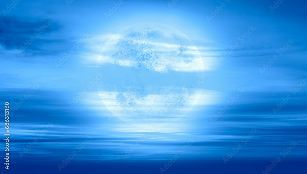 Poster night sky with full bright moon in the clouds 