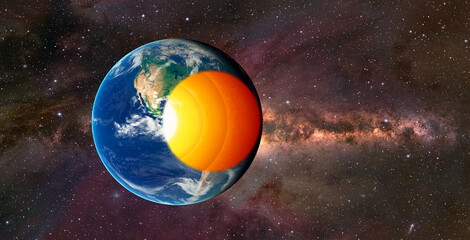 The structure of the earth's crust. Earth cross section in space view. 