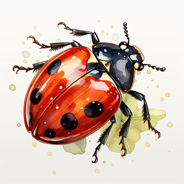 red ladybug watercolor style on leaf clip art preview