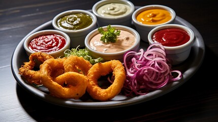 Obraz na płótnie Canvas An assortment of colorful dipping sauces arranged neatly around a platter of onion rings.