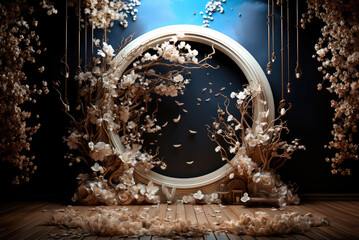 Wedding arch decorated with white flowers, decor for on-site registration