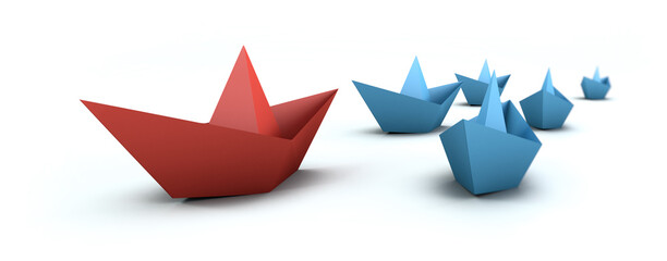 Red paper boat on a white background. The concept of leadership. 3d render. Illustration.