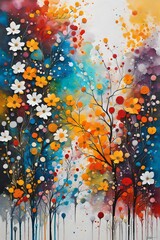 An abstract oil painting art piece that incorporates elements of nature with delicate flowers and leaves gracefully dispersed across the canvas. 