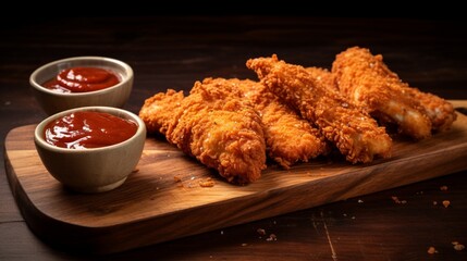 Crispy chicken tenders served with a side of tangy barbecue sauce, presented on a wooden board.