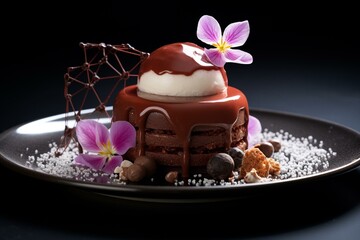 A decorated dessert with flower and chocolate. Generative AI