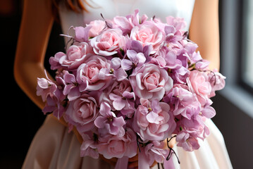 Beautiful wedding lilac pink bouquet in the hands of the bride close-up