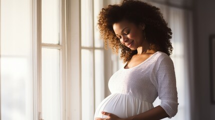 Pregnant afro american woman gripping her stomach and holding hands - obrazy, fototapety, plakaty