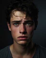 Fototapeta premium Handsome young man crying with tear on the face, sad lonely man portrait studio shot.