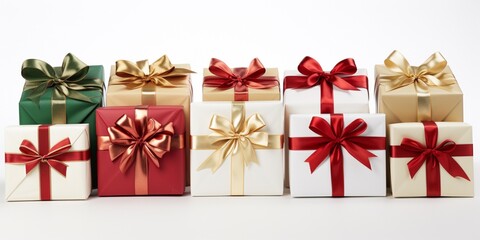 A collection of white, red and golden gift wrapped present boxes decorated with ribbons isolated on white background, concept of gift on holidays, Christmas, birthday party and online shopping.