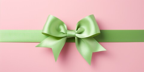 Tender green shiny luxury gift ribbon with bow, Christmas, birthday, Valentine's Day, Anniversary Gift packing, isolated on pastel pink background