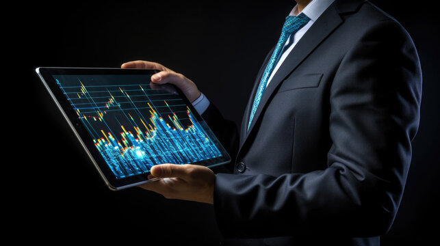 Businessman or trader holding tablet with graphs and charts against black background