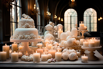 Luxury wedding candy bar with a two tiered cake and candles