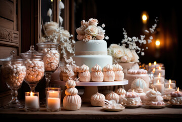 Fototapeta na wymiar Candy bar and wedding cake. Table with sweets, buffet