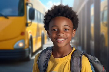 Young African American student near the school bus
