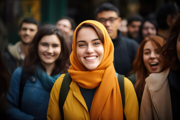 A Muslim woman in a hijab with a happy face stands and smiles with a confident smile against the background of other people - obrazy, fototapety, plakaty
